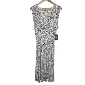 Vince Camuto Womens Midi Dress XL Ivory Black Floral V Neck Belted V Neck Tie